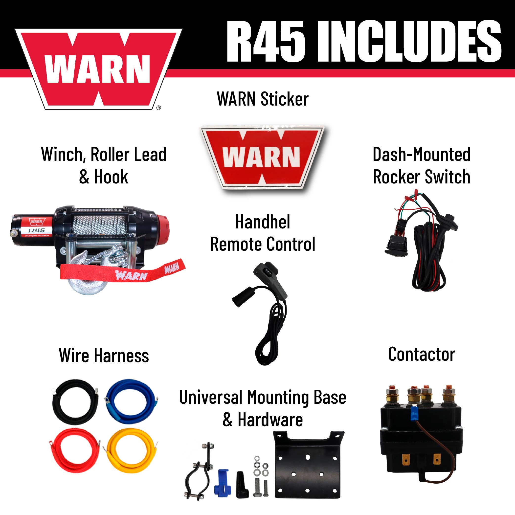 Warn R45 Wire Rope Winch - 4,500 lb. Pulling Capacity, equipped with 50’ of 1/4” steel rope and dash-mounted rocker switch - Corded remote/fairlead for ATV, UTV, Side by Side, and SXS Recovery/Towing
