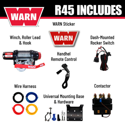 Warn R45 Wire Rope Winch - 4,500 lb. Pulling Capacity, equipped with 50’ of 1/4” steel rope and dash-mounted rocker switch - Corded remote/fairlead for ATV, UTV, Side by Side, and SXS Recovery/Towing
