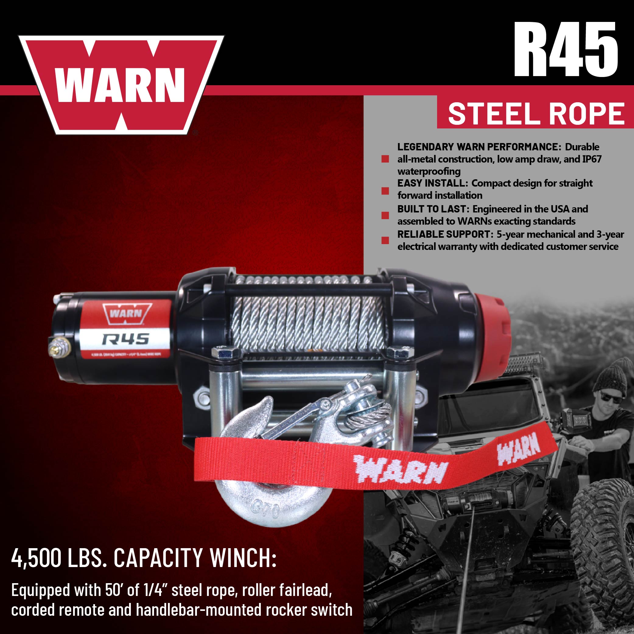 Warn R45 Wire Rope Winch - 4,500 lb. Pulling Capacity, equipped with 50’ of 1/4” steel rope and dash-mounted rocker switch - Corded remote/fairlead for ATV, UTV, Side by Side, and SXS Recovery/Towing