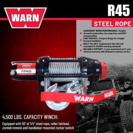 Warn R45 Wire Rope Winch - 4,500 lb. Pulling Capacity, equipped with 50’ of 1/4” steel rope and dash-mounted rocker switch - Corded remote/fairlead for ATV, UTV, Side by Side, and SXS Recovery/Towing