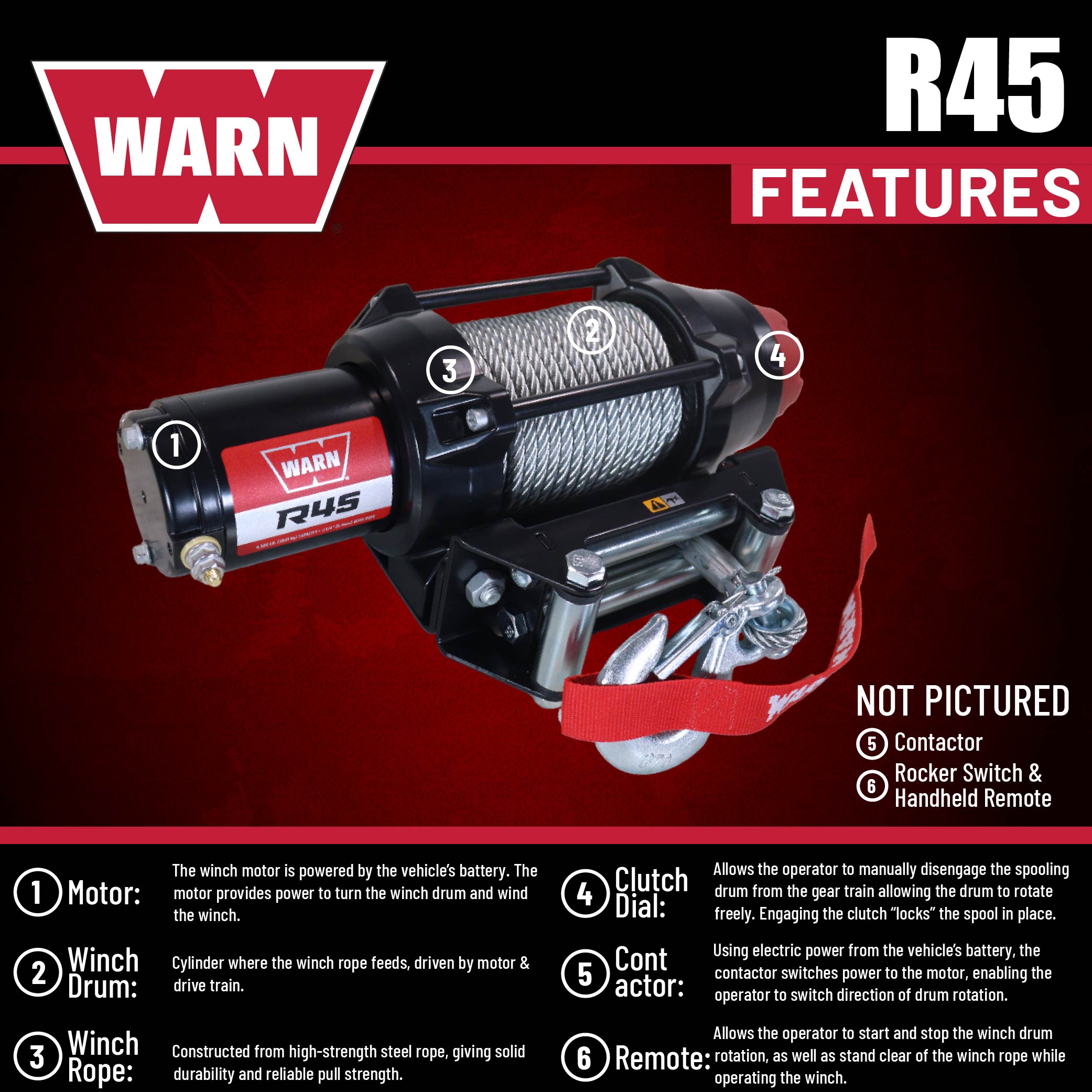 Warn R45 Wire Rope Winch - 4,500 lb. Pulling Capacity, equipped with 50’ of 1/4” steel rope and dash-mounted rocker switch - Corded remote/fairlead for ATV, UTV, Side by Side, and SXS Recovery/Towing