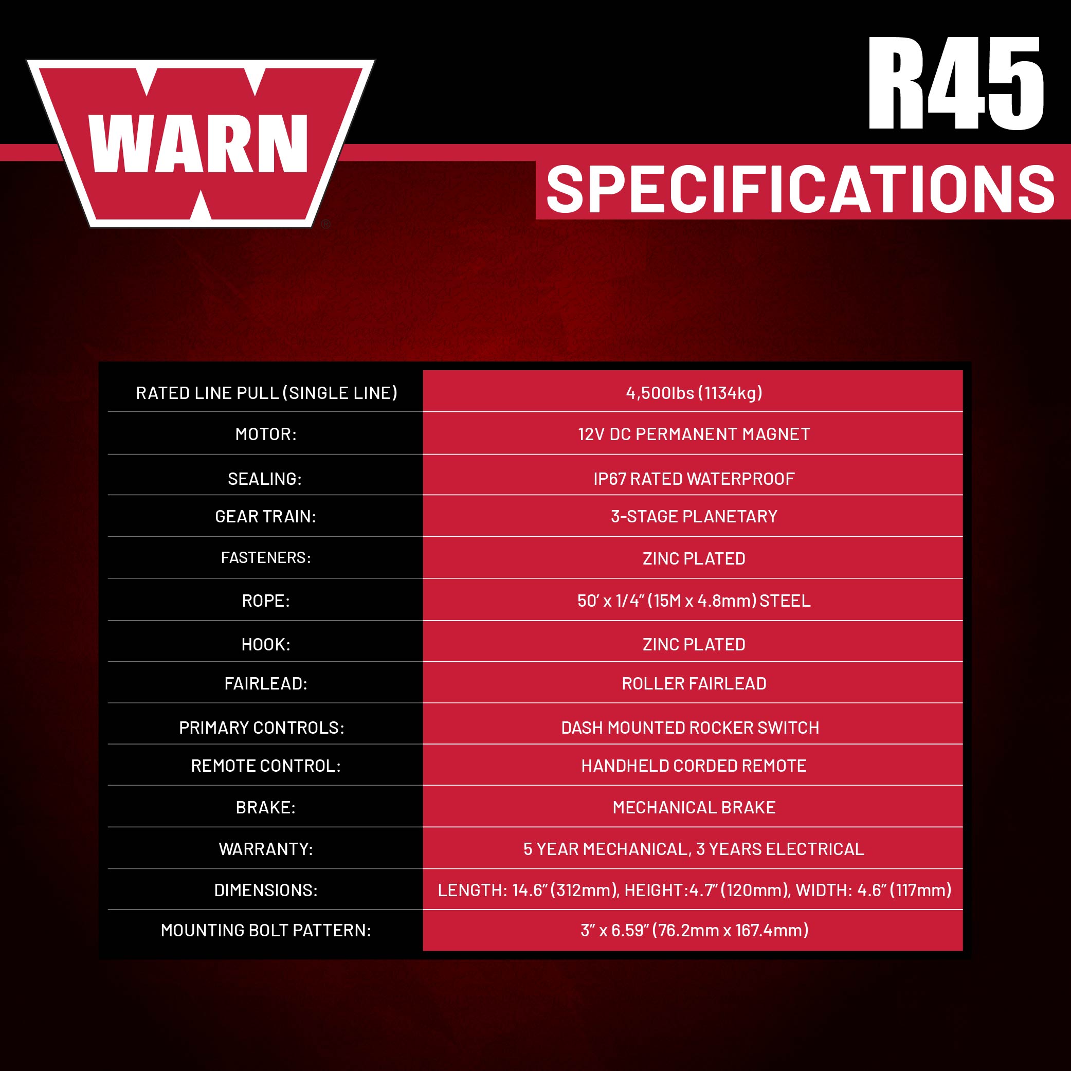 Warn R45 Wire Rope Winch - 4,500 lb. Pulling Capacity, equipped with 50’ of 1/4” steel rope and dash-mounted rocker switch - Corded remote/fairlead for ATV, UTV, Side by Side, and SXS Recovery/Towing