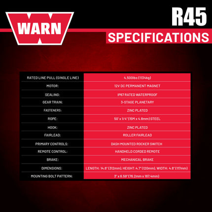 Warn R45 Wire Rope Winch - 4,500 lb. Pulling Capacity, equipped with 50’ of 1/4” steel rope and dash-mounted rocker switch - Corded remote/fairlead for ATV, UTV, Side by Side, and SXS Recovery/Towing