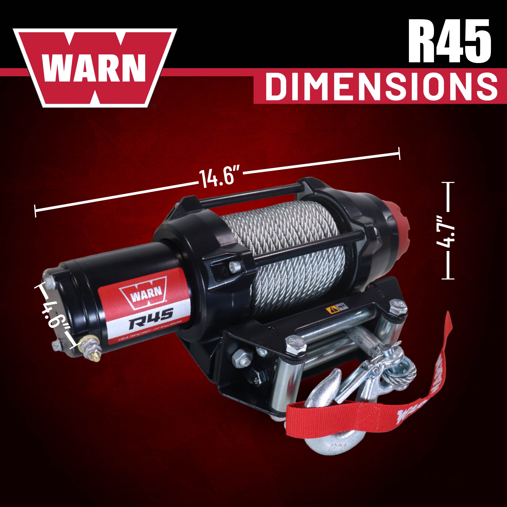 Warn R45 Wire Rope Winch - 4,500 lb. Pulling Capacity, equipped with 50’ of 1/4” steel rope and dash-mounted rocker switch - Corded remote/fairlead for ATV, UTV, Side by Side, and SXS Recovery/Towing
