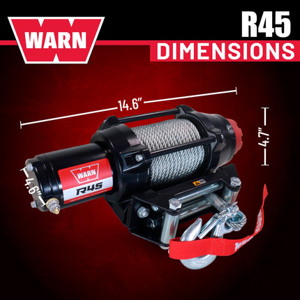 Warn R45 Wire Rope Winch - 4,500 lb. Pulling Capacity, equipped with 50’ of 1/4” steel rope and dash-mounted rocker switch - Corded remote/fairlead for ATV, UTV, Side by Side, and SXS Recovery/Towing