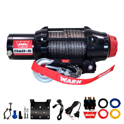 Warn R60-S Rope Winch - 6,000 lb. Pulling Capacity, equipped with 50’ of 1/4” synthetic rope & dash-mounted rocker switch - Corded Remote & fairlead for ATV, UTV, Side by Side, & SXS Recovery & Towing