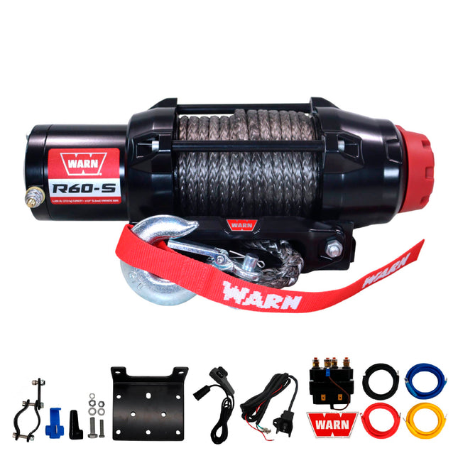 Warn R60-S Rope Winch - 6,000 lb. Pulling Capacity, equipped with 50’ of 1/4” synthetic rope & dash-mounted rocker switch - Corded Remote & fairlead for ATV, UTV, Side by Side, & SXS Recovery & Towing
