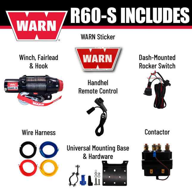 Warn R60-S Rope Winch - 6,000 lb. Pulling Capacity, equipped with 50’ of 1/4” synthetic rope & dash-mounted rocker switch - Corded Remote & fairlead for ATV, UTV, Side by Side, & SXS Recovery & Towing