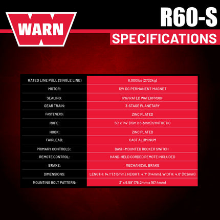 Warn R60-S Rope Winch - 6,000 lb. Pulling Capacity, equipped with 50’ of 1/4” synthetic rope & dash-mounted rocker switch - Corded Remote & fairlead for ATV, UTV, Side by Side, & SXS Recovery & Towing