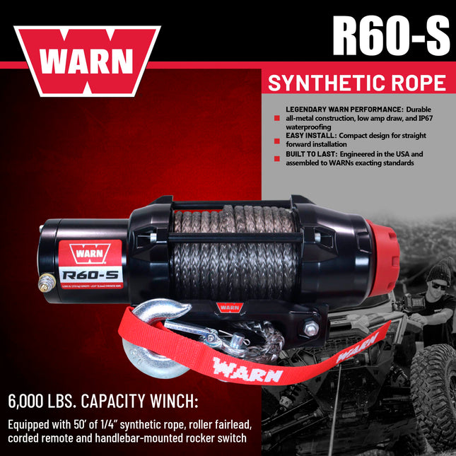 Warn R60-S Rope Winch - 6,000 lb. Pulling Capacity, equipped with 50’ of 1/4” synthetic rope & dash-mounted rocker switch - Corded Remote & fairlead for ATV, UTV, Side by Side, & SXS Recovery & Towing