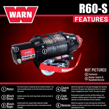 Warn R60-S Rope Winch - 6,000 lb. Pulling Capacity, equipped with 50’ of 1/4” synthetic rope & dash-mounted rocker switch - Corded Remote & fairlead for ATV, UTV, Side by Side, & SXS Recovery & Towing