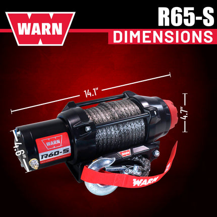 Warn R60-S Rope Winch - 6,000 lb. Pulling Capacity, equipped with 50’ of 1/4” synthetic rope & dash-mounted rocker switch - Corded Remote & fairlead for ATV, UTV, Side by Side, & SXS Recovery & Towing