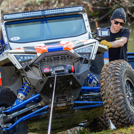 Warn R60-S Rope Winch - 6,000 lb. Pulling Capacity, equipped with 50’ of 1/4” synthetic rope & dash-mounted rocker switch - Corded Remote & fairlead for ATV, UTV, Side by Side, & SXS Recovery & Towing