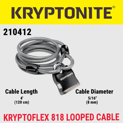Kryptonite KryptoFlex 818 Looped Cable and Key Padlock - 4 ft. Long, 5/16" Diameter Cable with Keys for Bicycles; E-Bikes; Scooters (210412)