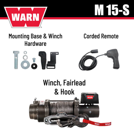 WARN 97730 M15-S Electric 12V Heavyweight Winch with Spydura Synthetic Cable Rope: 3/8" Diameter x 80' Length, 7.5 Ton (15,000 lb) Pulling Capacity