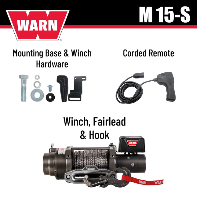 WARN 97730 M15-S Electric 12V Heavyweight Winch with Spydura Synthetic Cable Rope: 3/8" Diameter x 80' Length, 7.5 Ton (15,000 lb) Pulling Capacity