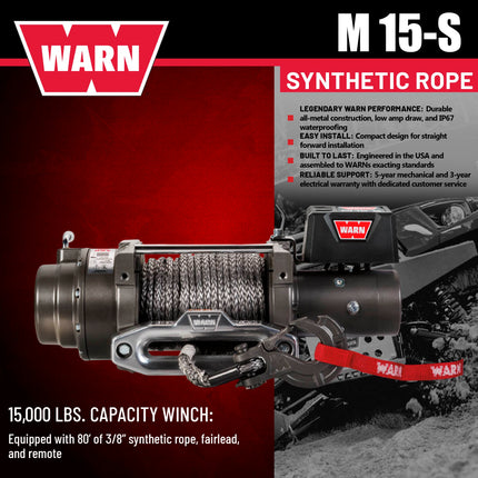 WARN 97730 M15-S Electric 12V Heavyweight Winch with Spydura Synthetic Cable Rope: 3/8" Diameter x 80' Length, 7.5 Ton (15,000 lb) Pulling Capacity