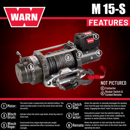 WARN 97730 M15-S Electric 12V Heavyweight Winch with Spydura Synthetic Cable Rope: 3/8" Diameter x 80' Length, 7.5 Ton (15,000 lb) Pulling Capacity