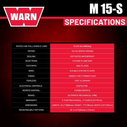 WARN 97730 M15-S Electric 12V Heavyweight Winch with Spydura Synthetic Cable Rope: 3/8" Diameter x 80' Length, 7.5 Ton (15,000 lb) Pulling Capacity