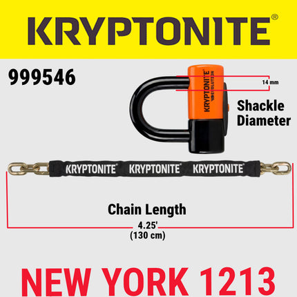 Kryptonite New York 1213 Evolution 10.5 Pound Cinch Ring Chain & Lock Combo - 4.25 ft Long 14 mm Steel Chain & Disc Lock with Keys for Bicycles; E-Bikes; Motorcycles; Scooters (999546)