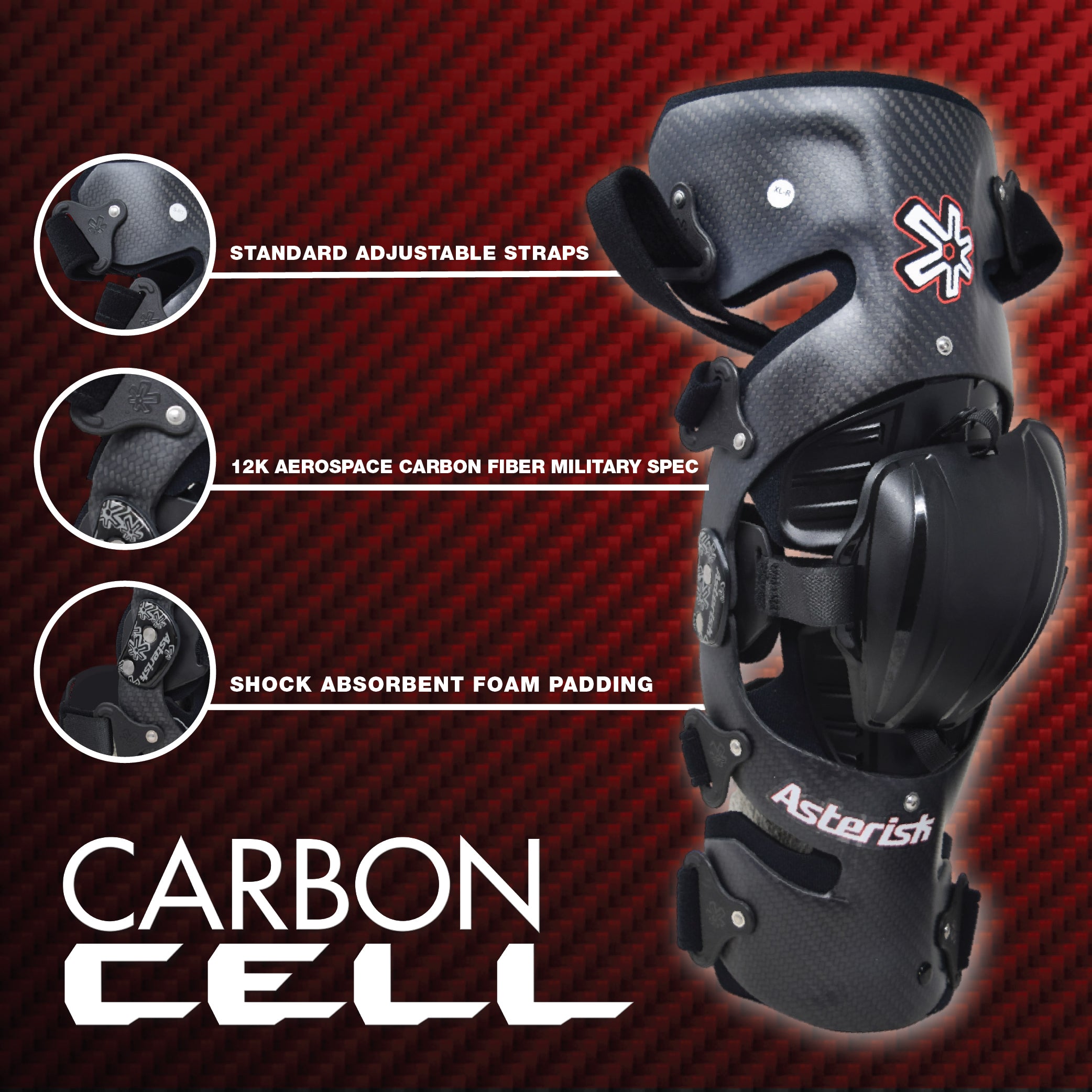 Asterisk Carbon Cell Pro Knee Braces (Pair - Left & Right) for Motocross & Off-Road Riders-L