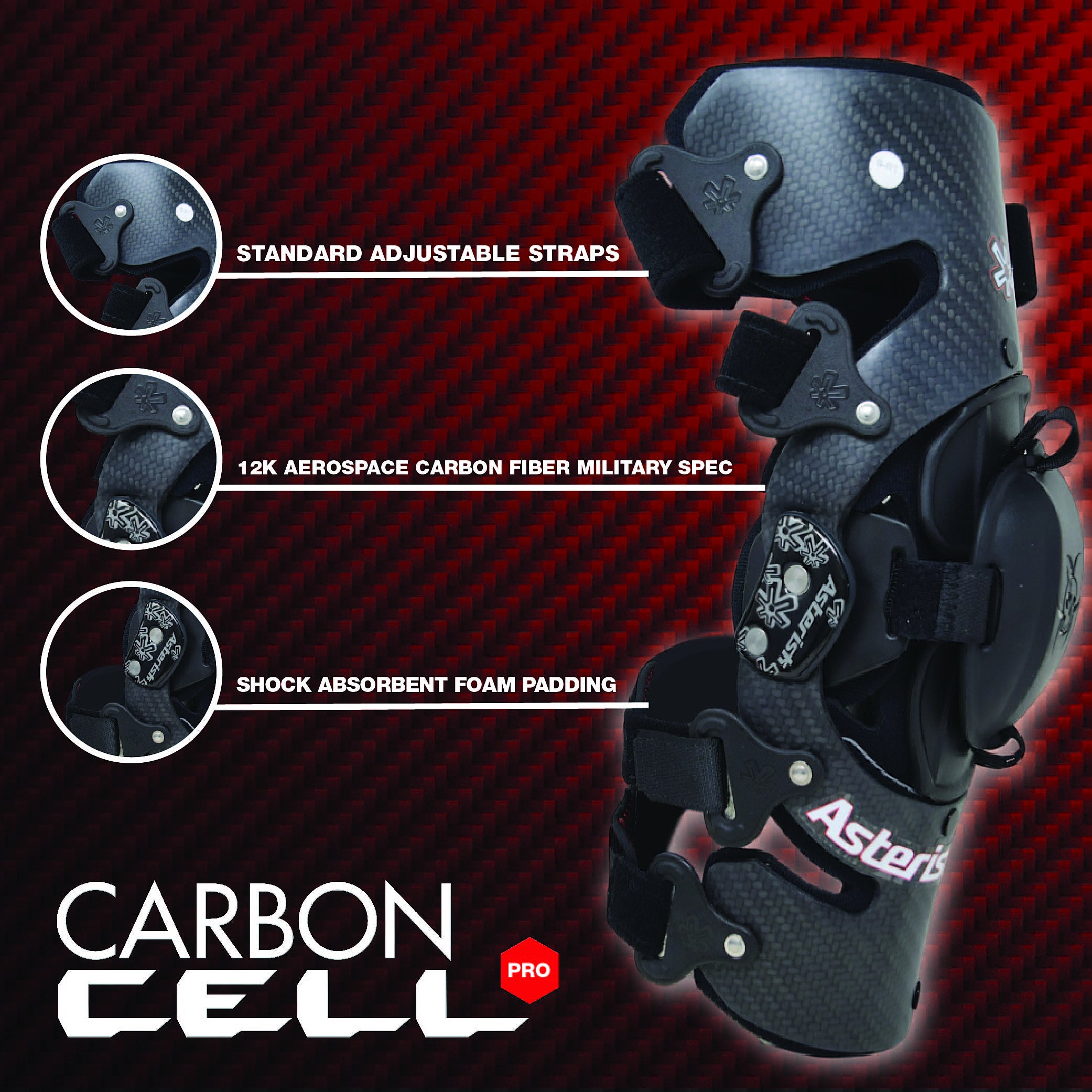 Asterisk Carbon Cell Pro - Advanced Knee Protector Braces (Pair- Left & Right) for Motocross, Snowboarding, Wakeboarding, Off-Roading, & More - Size Medium