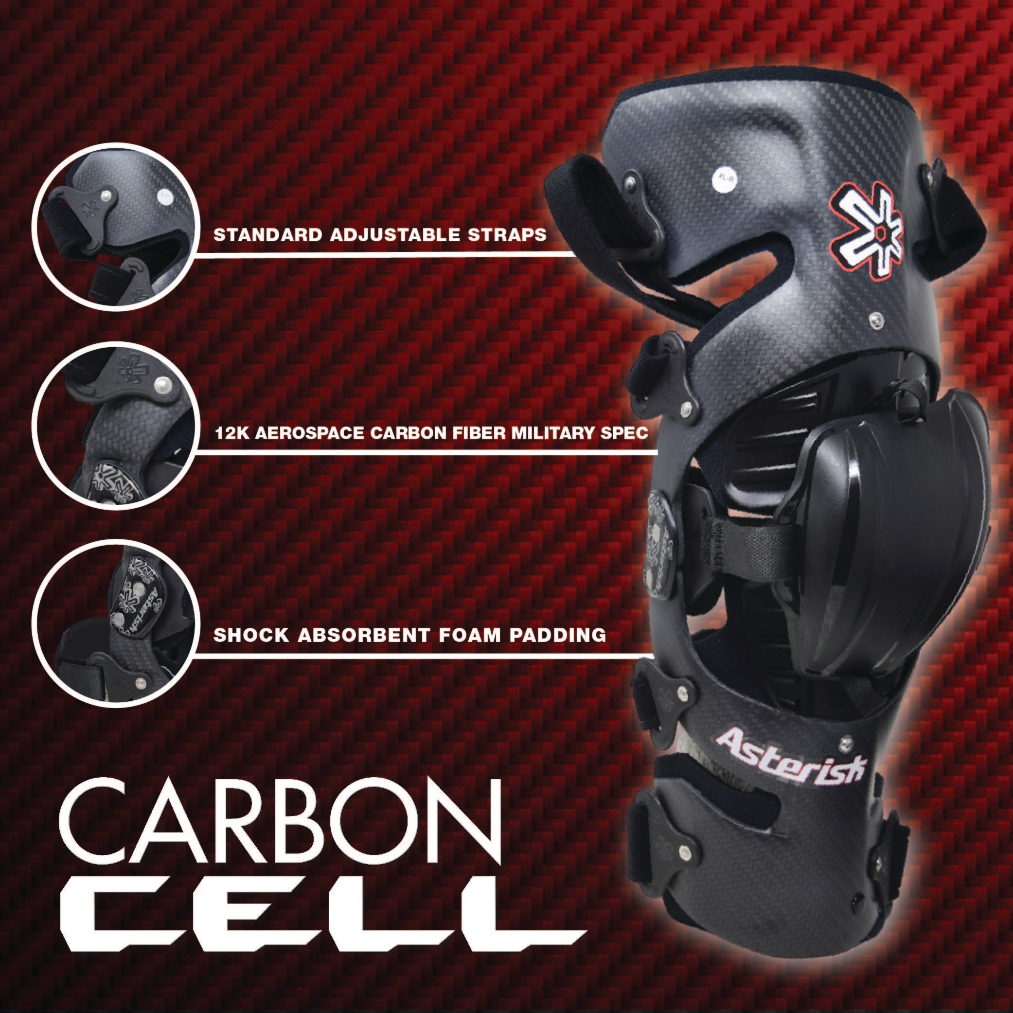 Asterisk Carbon Cell One Knee Braces (Pair - Left & Right) for Motocross & Off-Road Riders-M