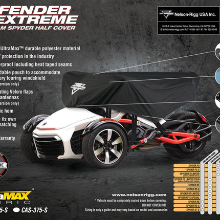 Nelson Rigg Defender Extreme Half Cover fits Can-Am Spyder F3-T (Saddlebags only), RT, RT-S, RT-Limited, RT-S Special - Durable, Heavy-Duty, Weatherproof Protection for Optimal Storage