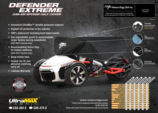Nelson Rigg Defender Extreme Half Cover fits Can-Am Spyder F3-T (Saddlebags only), RT, RT-S, RT-Limited, RT-S Special - Durable, Heavy-Duty, Weatherproof Protection for Optimal Storage