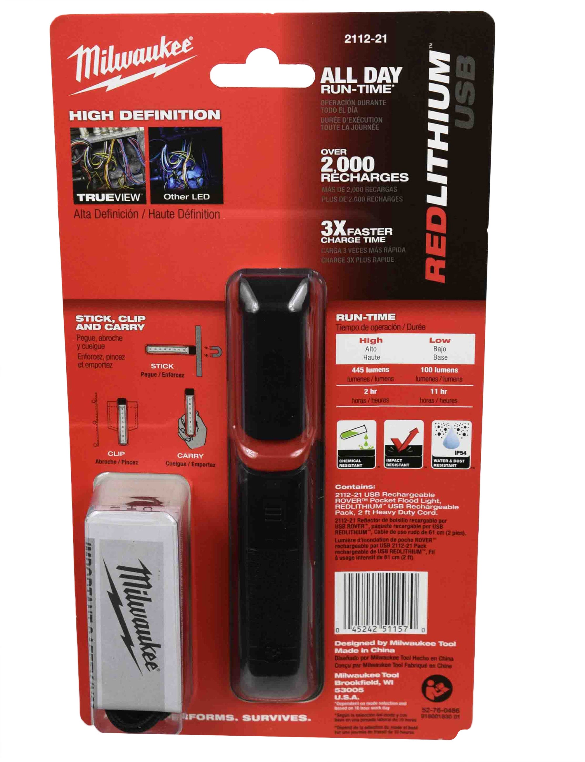 Milwaukee 2112-21 USB Rechargeable RedLithium Rover Pocket Flood Light