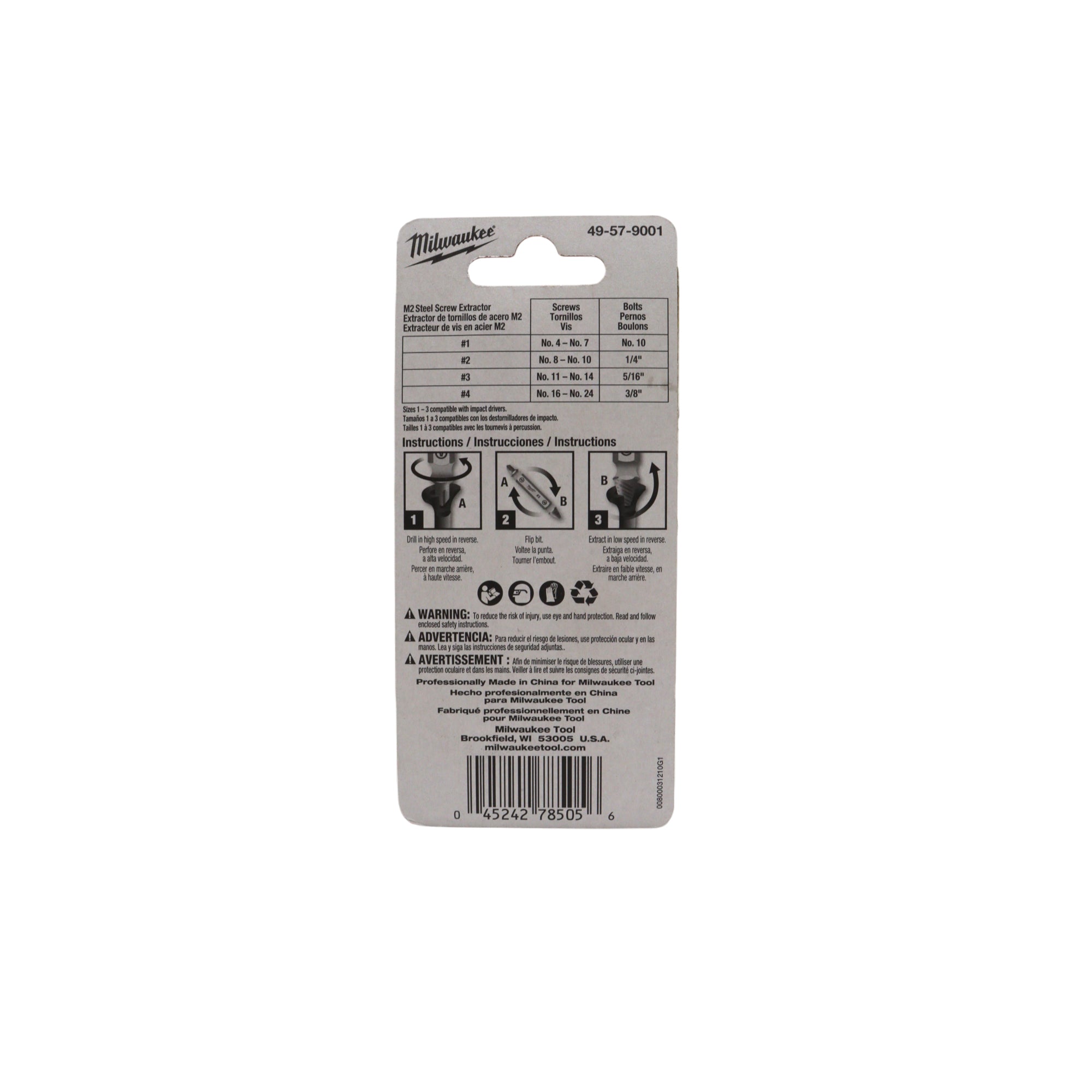 Milwaukee 49-57-9001 4PC M2 Steel Screw Extractor Set