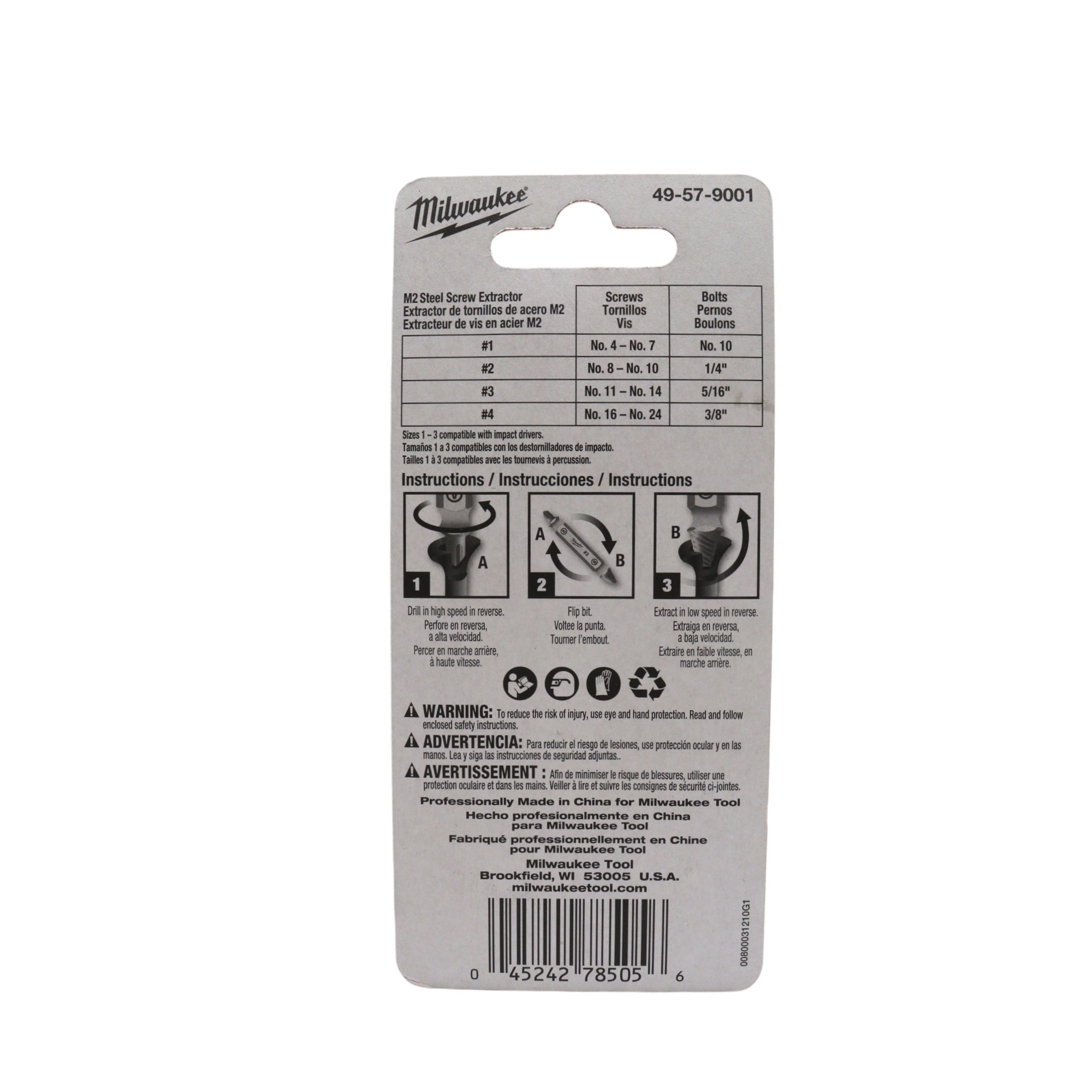 Milwaukee 49-57-9001 4PC M2 Steel Screw Extractor Set