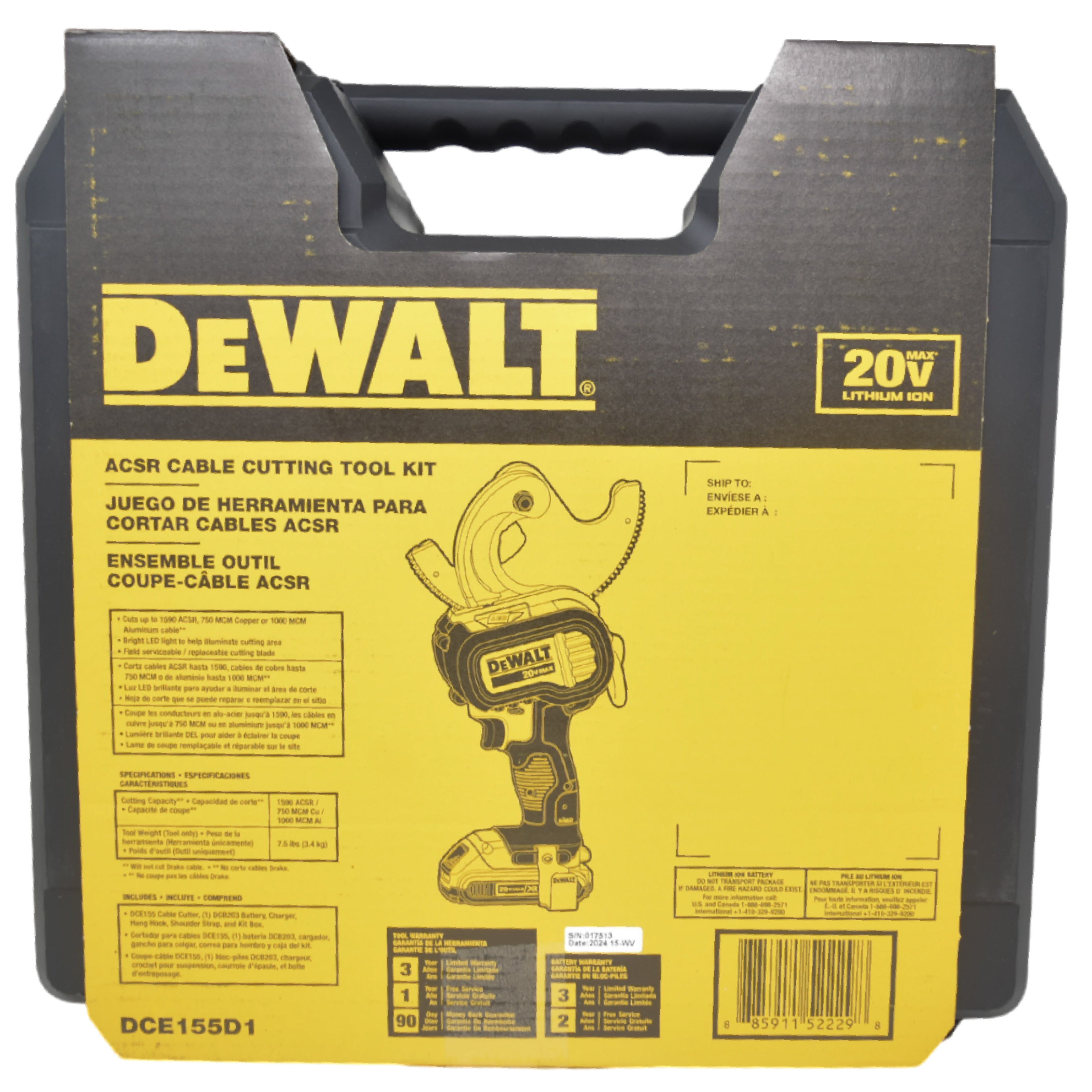 DeWalt DCE155D1 20V MAX Cordless ACSR Cable Cutting Tool Kit – High-Torque, Compact Design, Cuts Aluminum and Steel Cables with Ease, Includes 2.0Ah Battery & Charger