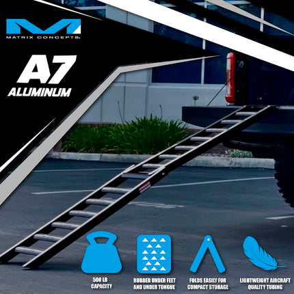 Matrix Concepts A7 Aluminum Ramp - Black | 7.5 ft Folding Loading Ramp | 750 lb Capacity for Motorcycle, ATV, UTV | Heavy-Duty 6061 Aircraft Aluminum | Rubber-Tipped & Safety Straps