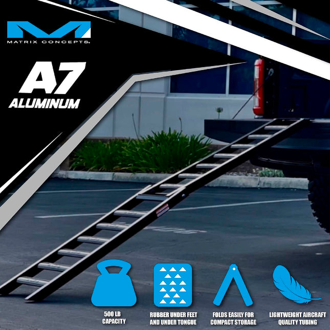 Matrix Concepts A7 Aluminum Ramp - Black | 7.5 ft Folding Loading Ramp | 750 lb Capacity for Motorcycle, ATV, UTV | Heavy-Duty 6061 Aircraft Aluminum | Rubber-Tipped & Safety Straps