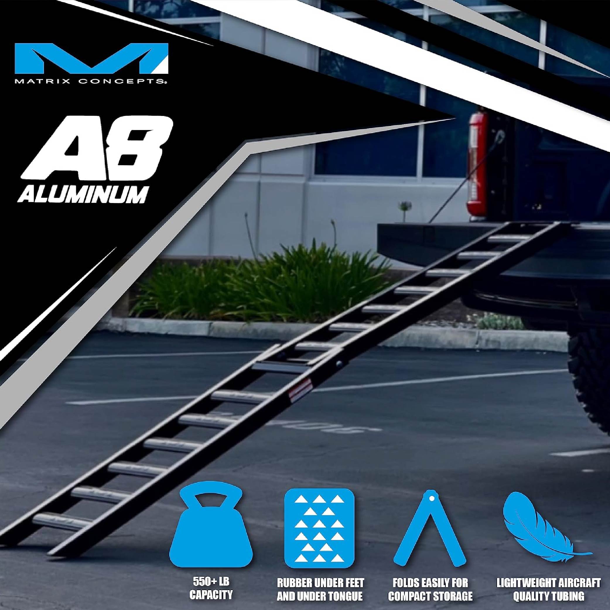 Matrix Concepts A8 8 ft Aluminum Ramp /Mass Depot Sticker Pack - Black | Folding 750 lb Loading Ramp for Motorcycle, ATV, UTV | 6061 Aircraft Aluminum | Rubber-Tipped, Arched Rungs & Safety Straps