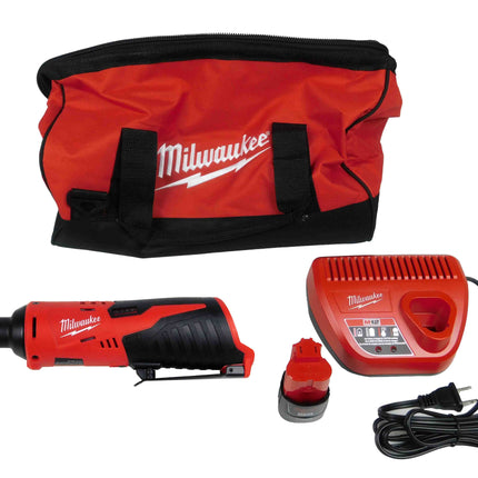 Milwaukee M12 3/8" Cordless Ratchet Kit, 12V, 35 ft-lbs Torque, 250 RPM, with 1.5Ah Battery, Charger, Tool Bag, and 3/8" to 1/4" Adapter, Compact Design (2457-21)