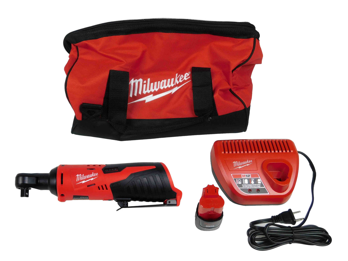 Milwaukee M12 3/8" Cordless Ratchet Kit, 12V, 35 ft-lbs Torque, 250 RPM, with 1.5Ah Battery, Charger, Tool Bag, and 3/8" to 1/4" Adapter, Compact Design (2457-21)