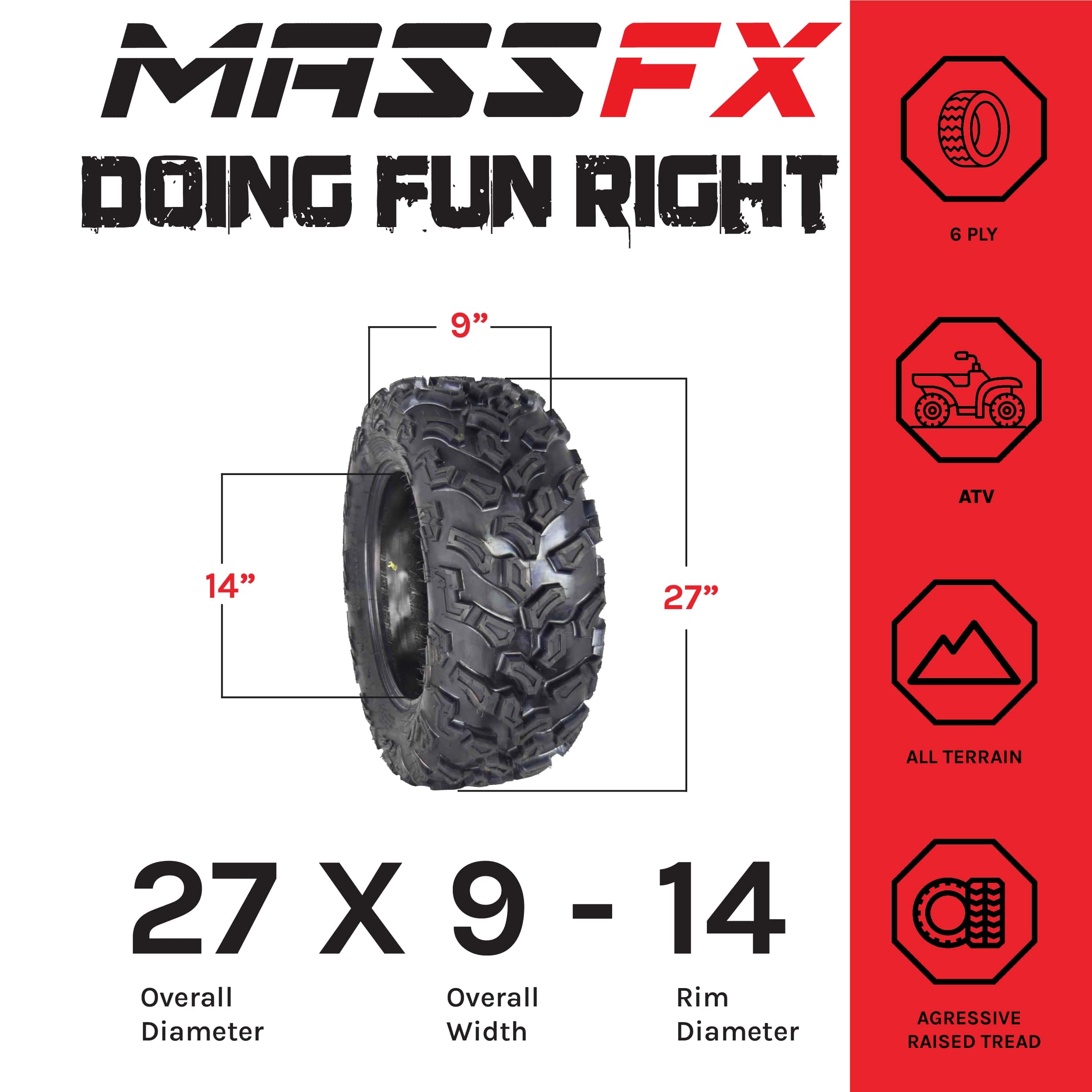 MASSFX ATV TIRE 27X9-14 Single ATV Tire Dual Compound 6-Ply 27X9x14