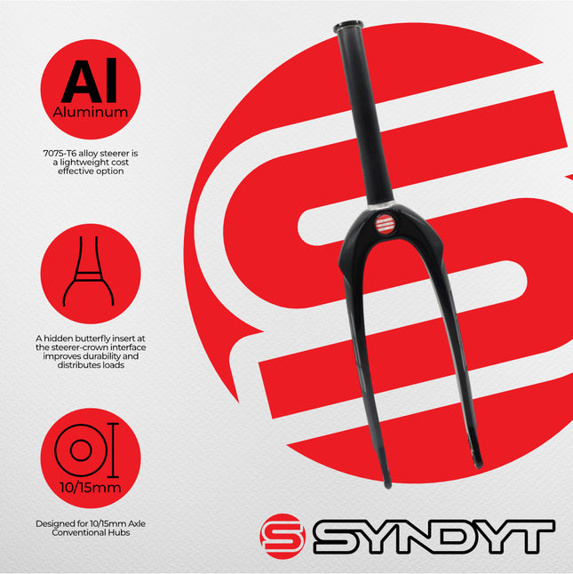 Syndyt SPP Supersized Ultra-High Modulus Carbon Fiber Expert Forks - Black Alloy (20 inch) - Fork Offset 32 mm - 1″ steerer tapering to 1 1/8″; Alloy Steerer Extruded and CNC‑Machined