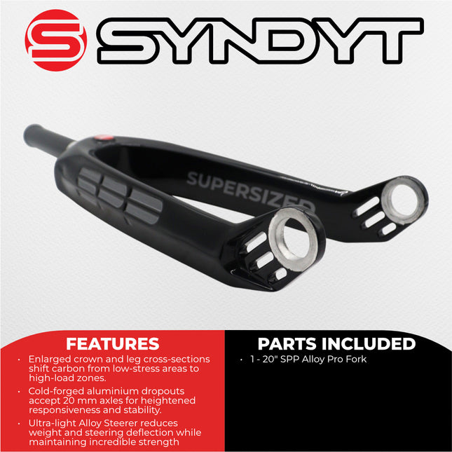 Syndyt SPP Supersized Ultra-High Modulus Carbon Fiber Pro Forks - Black Alloy (20 inch) - Fork Offset: 32 mm, 1‑1/8″ steerer tapering to 1.5″-  Alloy Steerer Extruded and CNC‑Machined