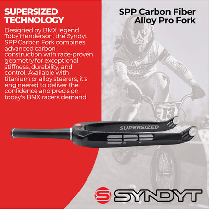 Syndyt SPP Supersized Ultra-High Modulus Carbon Fiber Pro Forks - Black Alloy (24 inch) - Fork Offset: 32 mm, 1‑1/8″ steerer tapering to 1.5″ - Alloy Steerer Extruded and CNC‑Machined