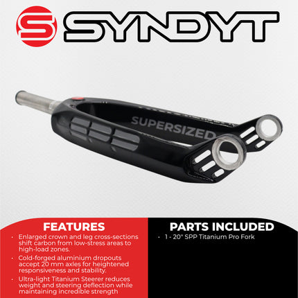 Syndyt SPP Supersized Ultra-High Modulus Carbon Fiber Pro Forks - Black Titanium (20 inch) - Fork Offset: 32 mm,  1‑1/8″ steerer tapering to 1.5″ Titanium Steerer Extruded and CNC‑Machined