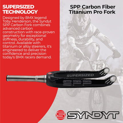 Syndyt SPP Supersized Ultra-High Modulus Carbon Fiber Pro Forks - Black Titanium (20 inch) - Fork Offset: 32 mm,  1‑1/8″ steerer tapering to 1.5″ Titanium Steerer Extruded and CNC‑Machined