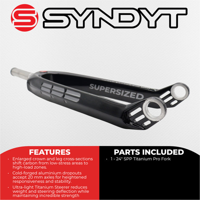 Syndyt SPP Supersized Ultra-High Modulus Carbon Fiber Pro Forks - Black Titanium (24 inch) - Fork Offset: 32 mm,  1‑1/8″ steerer tapering to 1.5″ - Titanium Steerer Extruded and CNC‑Machined