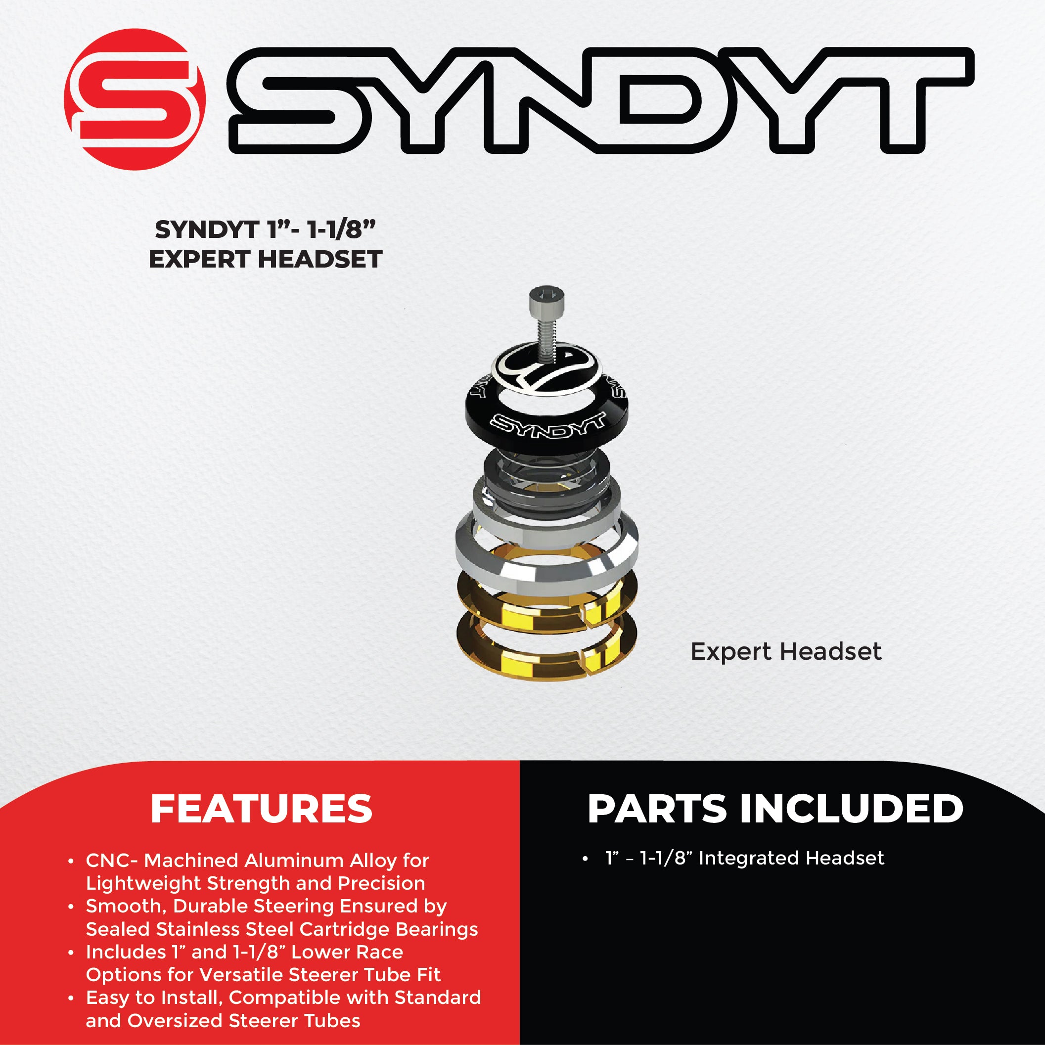 Syndyt BMX Bike EXPERT Headset for Syndyt Expert frames only- CNC-Machined Aluminum Alloy, Sealed Stainless Steel Cartridge Bearings, Includes 1” and 1-1/8” Lower Race Options