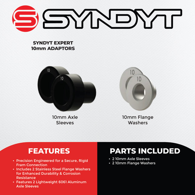 Syndyt Expert BMX Bike Axle Adaptor 10mm - Stainless Steel Flange Washers & 6061 Aluminum Sleeves, Includes 2 Axle Sleeves and 2 Washers for Rigid Frame Connection