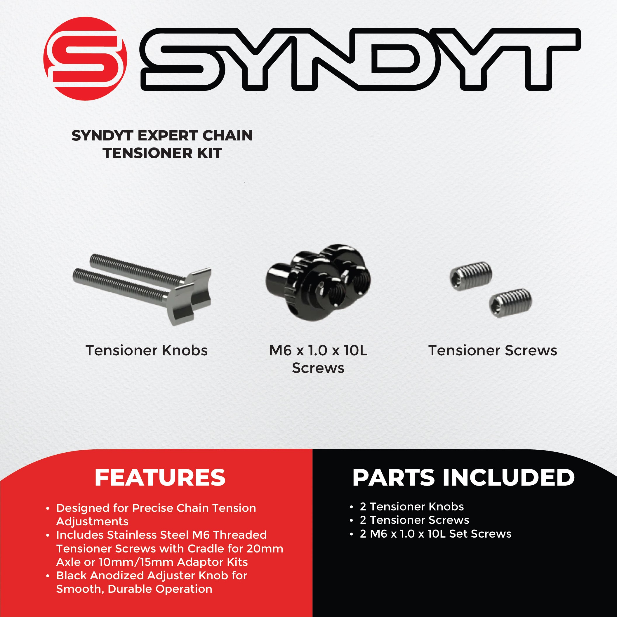 Syndyt Expert BMX Bike  Chain Tensioner Kit - Stainless Steel M6 Tensioner Screws, Aluminum Anodized Adjuster Knob, Compatible with 10mm/15mm/20mm Axle Adaptors