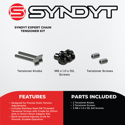 Syndyt Expert BMX Bike  Chain Tensioner Kit - Stainless Steel M6 Tensioner Screws, Aluminum Anodized Adjuster Knob, Compatible with 10mm/15mm/20mm Axle Adaptors