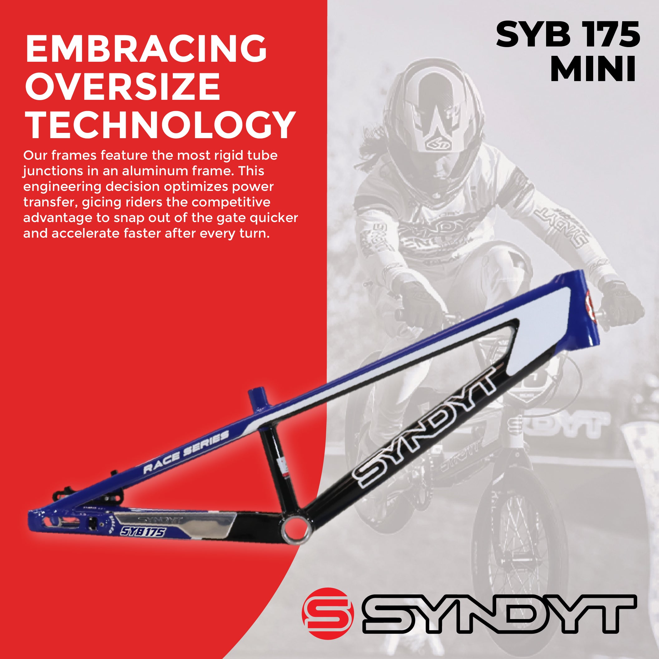 Syndyt 175 Mini BMX Racing Bike Frame – 17.5” Top Tube, 6061-T6 Aluminum (2.70 lbs), Tapered 38/42 Head Tube, Standard Euro BB, 10/15 mm Hubs, 140mm Disc Brake,  Chain Tensioners – Blue Bicycle Frame